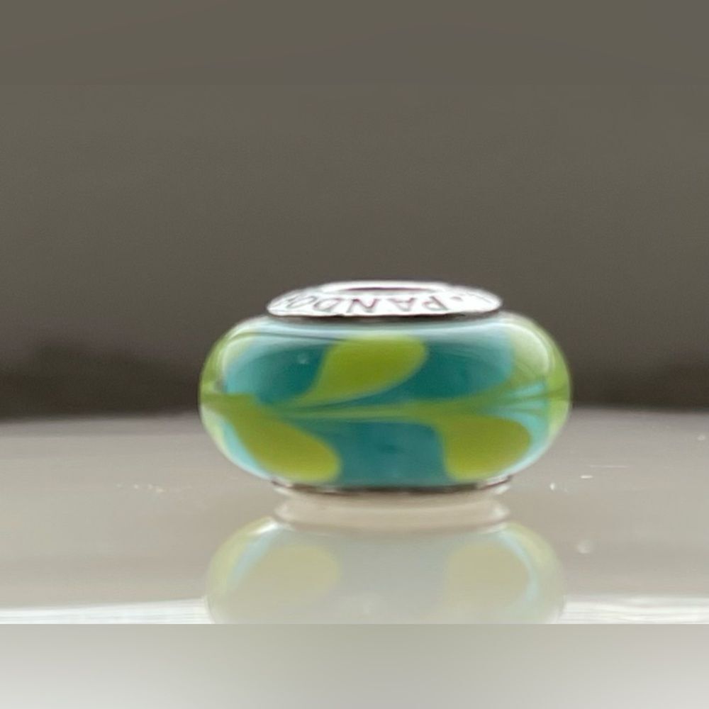 Beautiful Pandora Green and aqua swirl Murano glass charm.